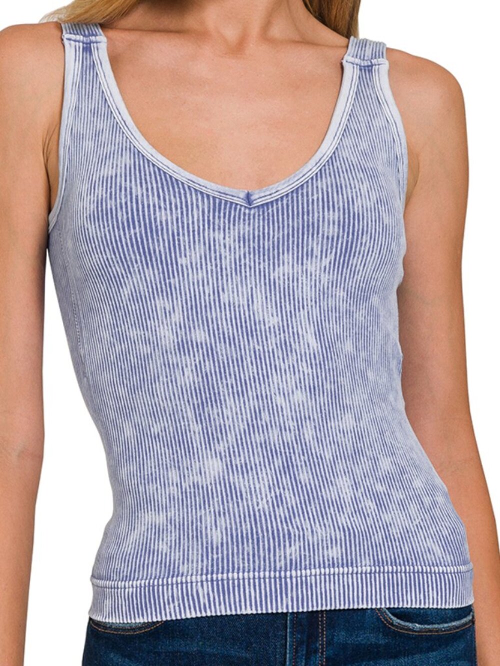 Stone Washed Ribbed Seamless Tank Top w/ Bra Pad in Light Indigo
